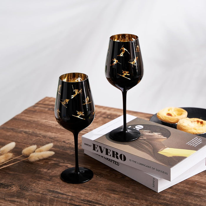 Crystal Stemmed Skiing, Apres Ski Skiier Wine Glasses Goblets - Set of 2