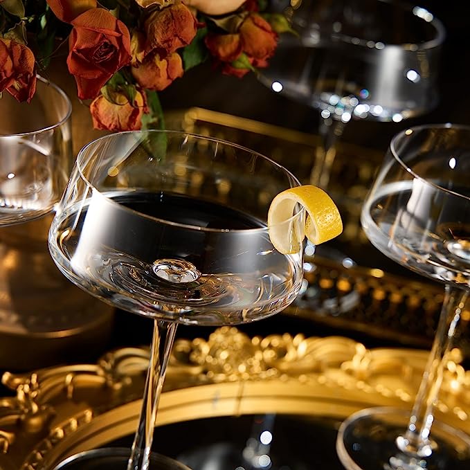 Luxury Martini Glass Set of 4 | 10oz | Crystal Luxury Martini with Silver Spoon, Premium Hand-Blown | Classic Cocktail & Champagne Clear Coupes For Manhattan, Cosmopolitan, Sidecar, Speakeasy Goblets