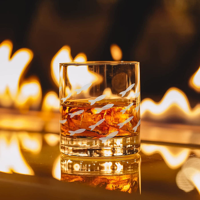 Fish Old Fashion Drinking Glasses, Fish Glasses For White and Red Wine, Water or Whiskey, by The Wine Savant, Each Glass Is Individually Sand Etched - Fish Wine Glasses