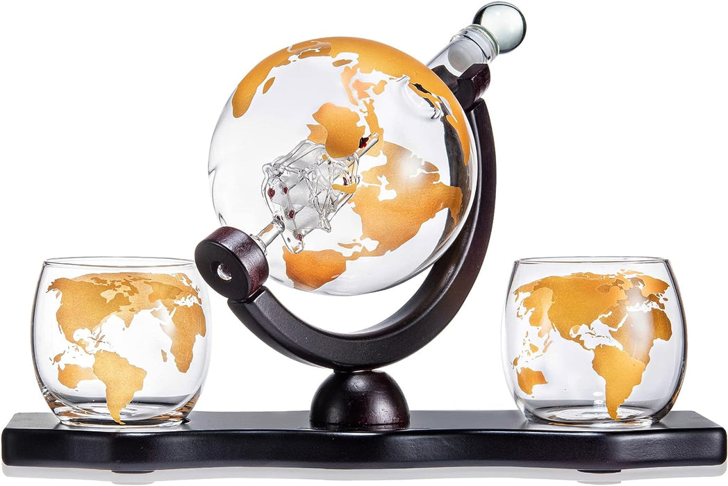 Gold Etched Whiskey Decanter Set Globe with 2 Gold Etched Globe Whisky Glasses - Perfect for a Birthday, Decanter Set for Whiskey, Scotch, Bourbon (27 Oz) (Gold)