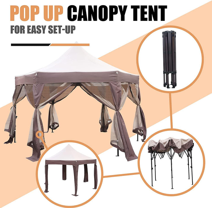 12' X 12' Gazebo with Mosquito Netting Outdoor Hexagonal Pop up Canopy Tent with Strong Iron Frame Storage Bag