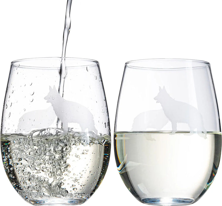 Set of 2 Dog Stemless German Shepherd Wine Glasses by The Wine Savant - Puppy & Doggy Lover for Him and Her Dogs Silhouette - Glass Gifts Etched Tumblers for Anniversary, Wedding, Home Bar Gifts