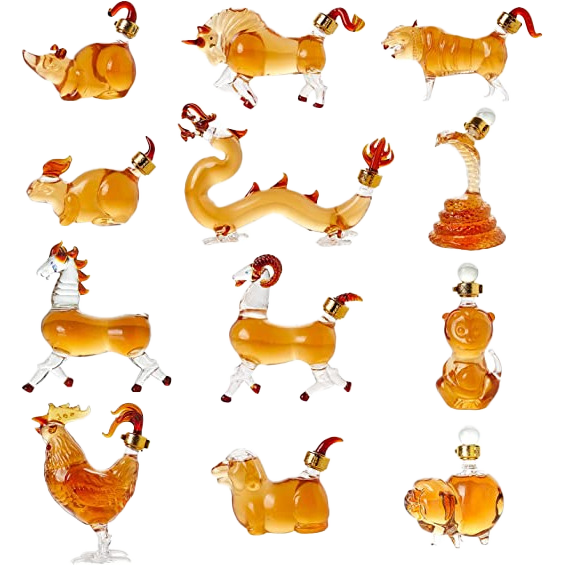 12 Chinese Zodiac Wine & Whiskey Decanter Set | Set of 12 Miniature Hand Blown Decanters | New Year Table Decoration, Constellation Glassware, Personalized Animal Red Wine Carafe Gift 150 ML