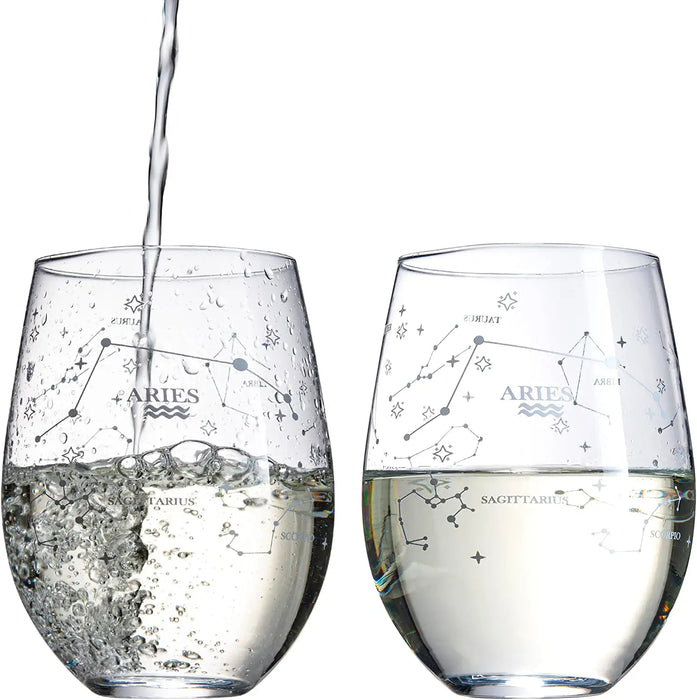 Set of 2 Zodiac Sign Wine Glasses with 2 Wooden Coasters by The Wine Savant - Astrology Drinking Glass Set with Etched Constellation Tumblers for Juice, Water Home Bar Horoscope Gifts 18oz (Aries)