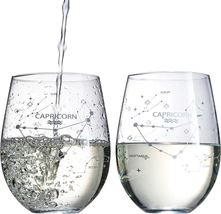 Set of 2 Zodiac Sign Wine Glasses with 2 Wooden Coasters by The Wine Savant - Astrology Drinking Glass Set with Etched Constellation Tumblers for Juice, Water Home Bar Horoscope Gifts 18oz (Capricorn)