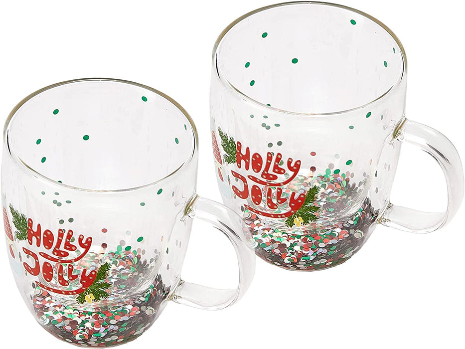 Set of 2 Holly Jolly Christmas Design Tumbler Mugs - Confetti Filled 9.5 oz Decorated Christmas Glass - Perfect for Wine, Eggnog, Cocoa, Holiday Parties & Festivities - 4.25" High, 9.5 oz Capacity
