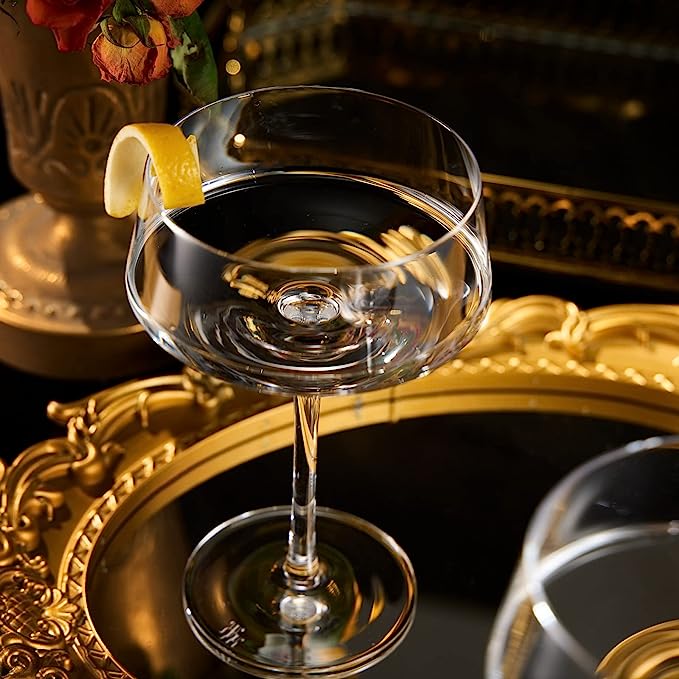 Luxury Martini Glass Set of 2 | 10oz | Crystal Luxury Martini with Silver Spoon, Premium Hand-Blown | Classic Cocktail & Champagne Clear Coupes For Manhattan, Cosmopolitan, Sidecar, Speakeasy Goblets