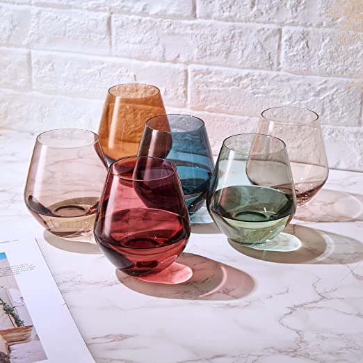 Colored Stemless Crystal Wine Glass Set of 6