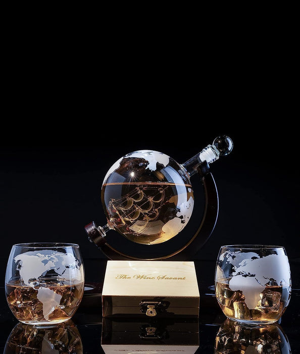 Whiskey Decanter Globe Set with 2 Etched Whiskey Glasses - for Liquor Scotch Bourbon Vodka, Gifts For Men - 850ml