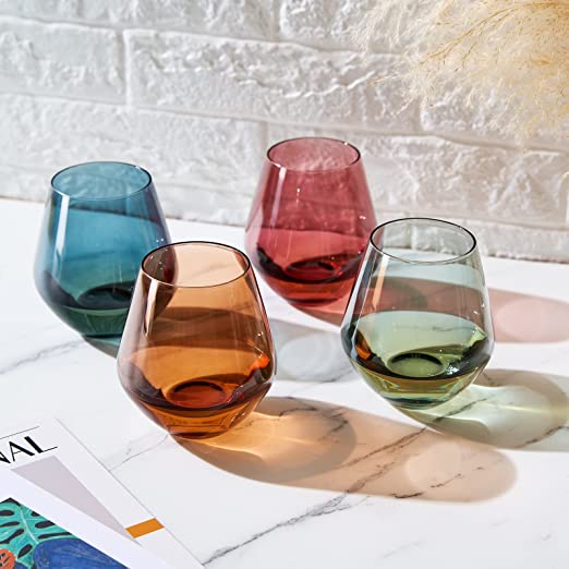 Colored Stemless Crystal Wine Glass Set of 4, Gift For Her, Him