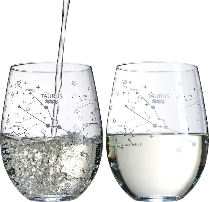 Set of 2 Zodiac Sign Wine Glasses with 2 Wooden Coasters by The Wine Savant - Astrology Drinking Glass Set with Etched Constellation Tumblers for Juice, Water Home Bar Horoscope Gifts 18oz (Taurus)