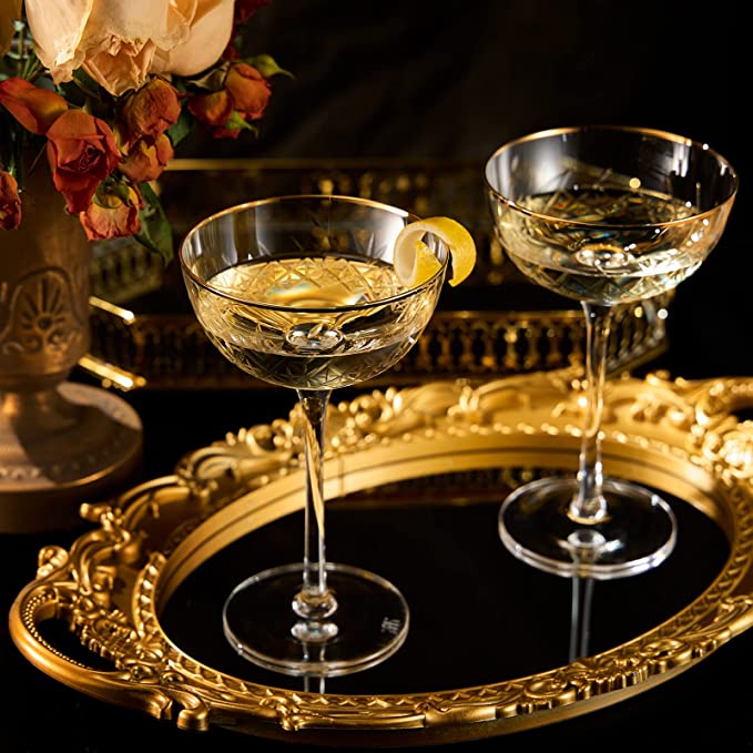 Vintage Art Deco Luxury Coupe Glasses, Cocktails, Martini, Margarita, In Premium Gift Box 24K Gold Rim | Set of 2 | 8 oz Classic Cocktail Glassware - Champagne, Manhattan, Cosmopolitan Crystal Goble