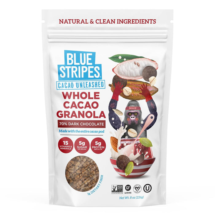 Blue Stripe - Gran Dark Chocolate Whole Cacao, 8 oz (Pack of 6) - Fair Trade Superfood Granola