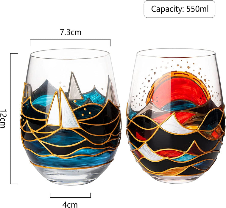 Artisanal Hand Painted Sunrise Glasses, Stemless Set of 2 Wine, Water & Whiskey Glasses - The Wine Savant - Crystal Tumblers - Gift Idea for Her, Him, Birthday, Housewarming - Large Goblets (18.5 OZ)
