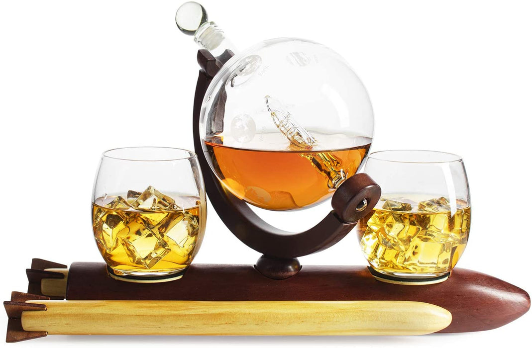 Rocket Whiskey Decanter Set, Solar System With Planets Globe Decanter