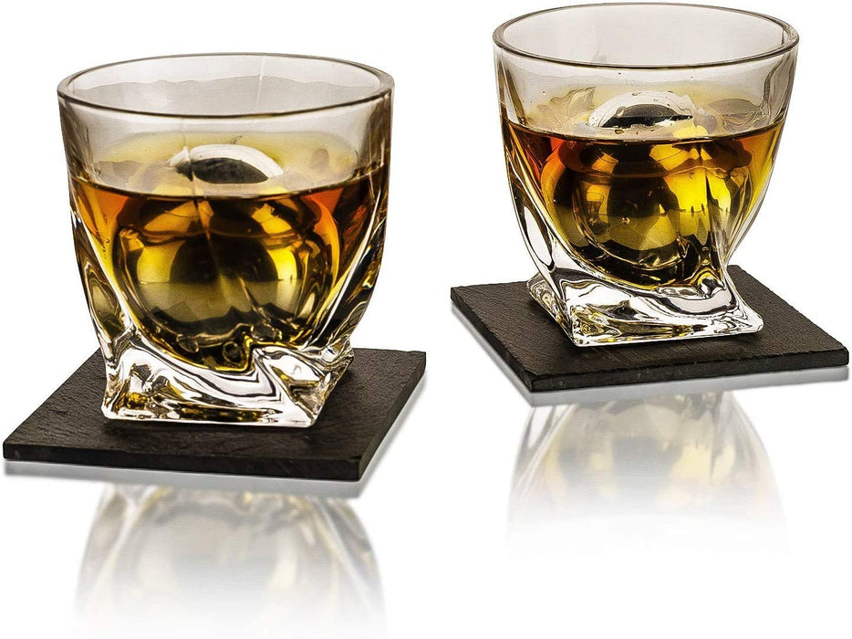 Luxurious Whiskey Stones & Glasses Gift Set - 2 XL Chilling Stainless Steel Whiskey Balls - 2x Crystal Whiskey Glasses, 2x Slate Stone Coasters, Freezer Pouch & Tongs - Set in Premium Pine Wood Box
