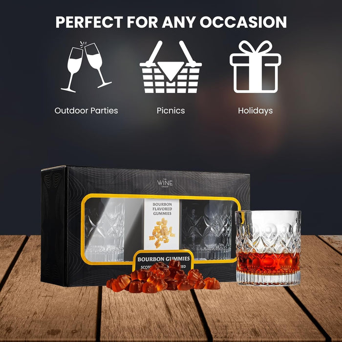 Bourbon Gummy Gift Set & Two Whiskey Glasses - Includes Bourbon Flavored Candy Bears & 2 Crystal Lowball Glassware - Gift for Whisky, Scotch Lovers, Him, Dad, or Husband, Tasting Set for Holiday
