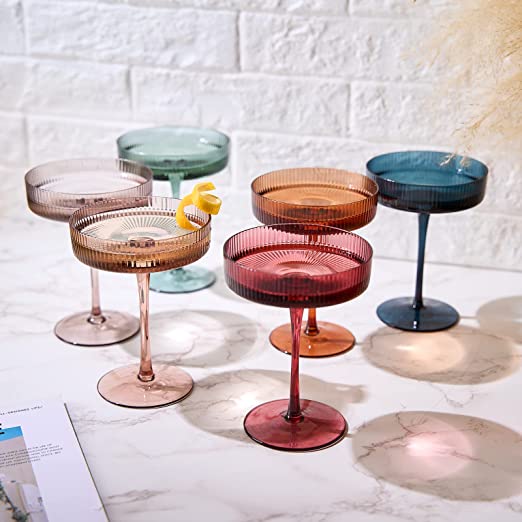 Vintage Art Deco Coupe Glasses Ribbed Coupe Cocktail Glasses 7 Oz Set Of 4 Pastel Colored Crystal Co