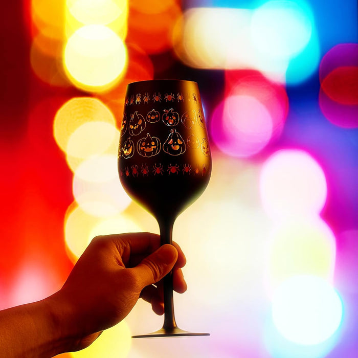 Crystal Halloween Stemmed Wine Glasses - Set of 2 - Pumpkin Themed Vibrant Black & Gold Spooky Ghost Pattern Frosted Glass, Perfect for Themed Gothic Parties Trick Or Treat Gifts for Him Her (14 OZ)