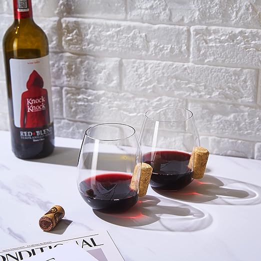 Corked Stemless Wine Glasses | Set of 2 | Stuck In The Glass Wine Cork Cocktail Glassware, Enthusiast Gift, Artisanal Crystal Glassware - Gift Idea for Him, Her, Wine Lover, Housewarming (19.6 OZ)