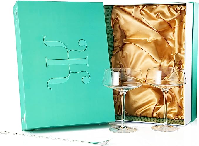Luxury Martini Glass Set of 2 | 10oz | Crystal Luxury Martini with Silver Spoon, Premium Hand-Blown | Classic Cocktail & Champagne Clear Coupes For Manhattan, Cosmopolitan, Sidecar, Speakeasy Goblets