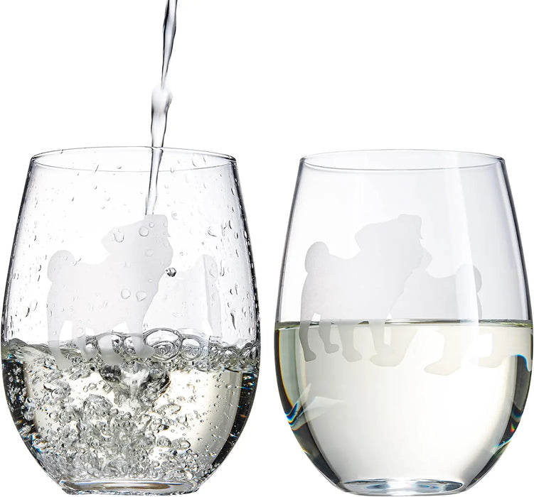 Set of 2 Pug Dog Stemless Wine Glasses by The Wine Savant - Good Doggy Puppy & Doggy Lover for Him & Her - Dogs Silhouette - Glass Gifts Etched Tumblers for Anniversary, Wedding, Home Bar Gifts