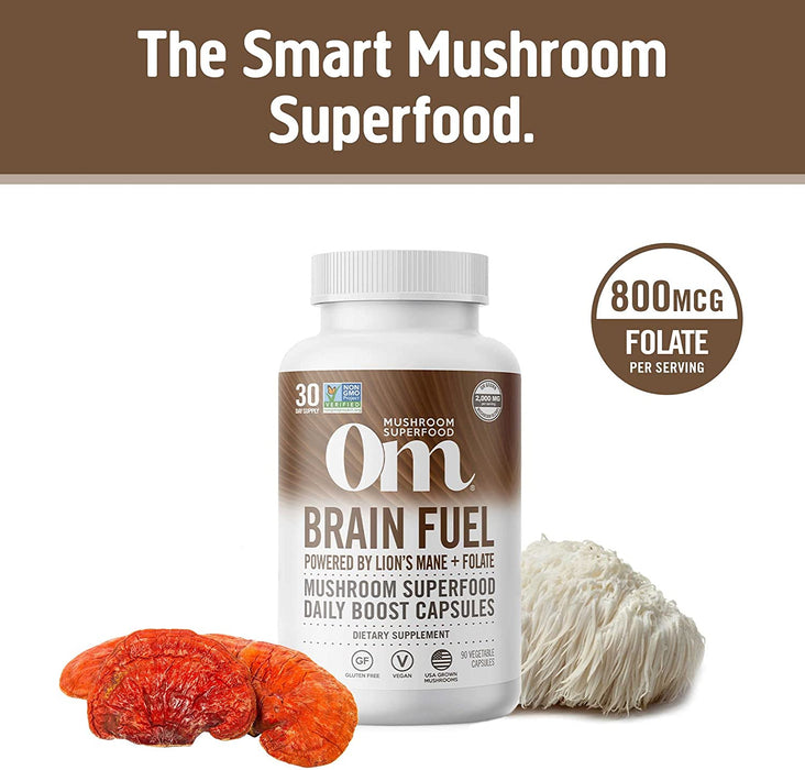 Om Mushroom Superfood Brain Fuel Mushroom Powder Capsules Superfood Supplement, 90 Count