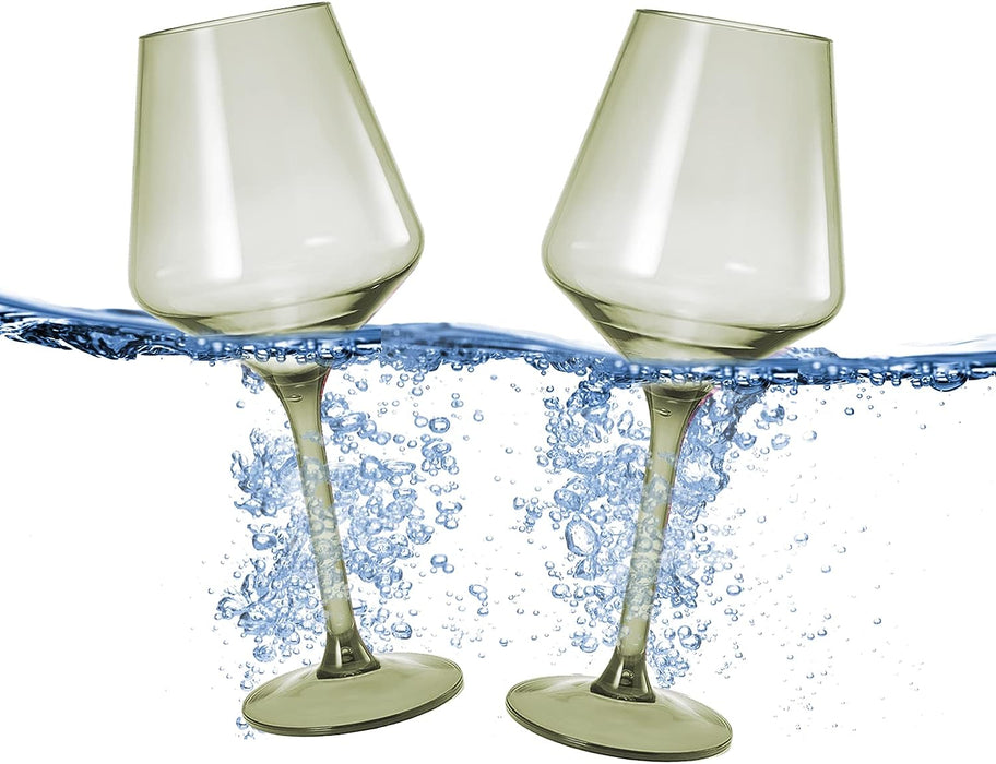 Floating Wine Glasses for Pool - Set of 2-15 OZ Shatterproof Poolside Wine Glasses, Tritan Plastic Reusable, Beach Outdoor Cocktail, Wine, Champagne, Water Glassware Spring Summer (Muted Green)