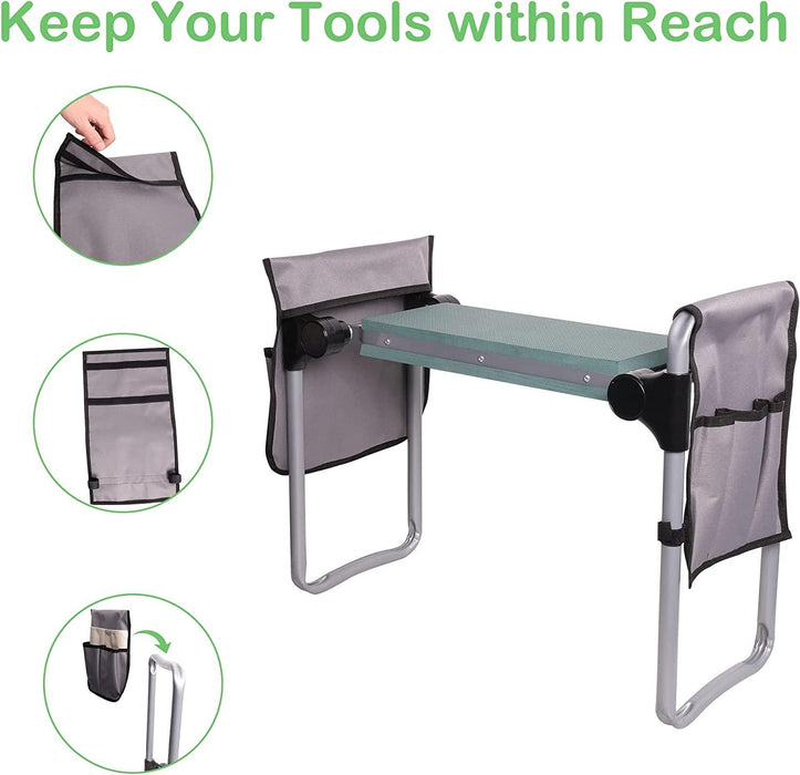 Garden Kneeler Seat Button Folding Gardening Stool with 2 Tool Pouches and EVA Foam Pad