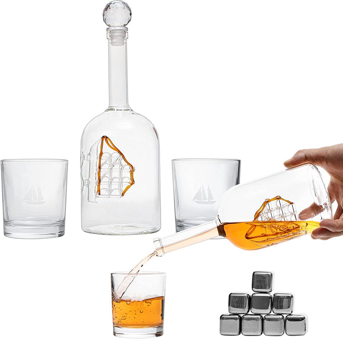 Large Display Whiskey & Wine Decanter with Antique Ship - Handcrafted Wood Barrel Storage - Wine Savant Decanters Gifts Set with 2 Glasses, & Drink Chiller Stones for Your Bar - 16" x 8" x 15"