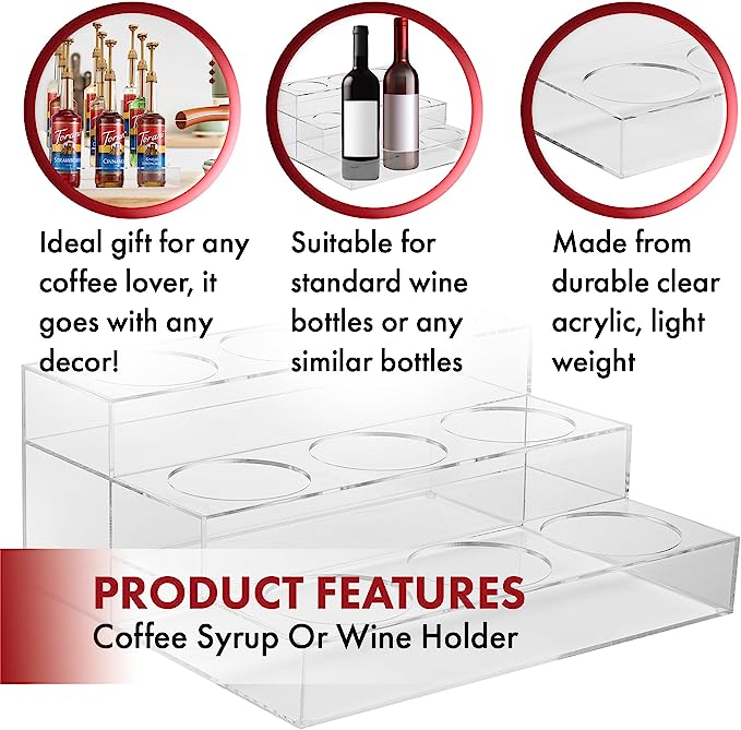Acrylic Bottle Holder, Coffee Syrup Rack Display Case | 3-Tiered 9 Bottle | Wine Bar Bottle Rack, Clear Shelf Rack for Kitchen, Countertop, Fridge Pantry Storage Organizer - Wine, Soda, Cans, Liquor
