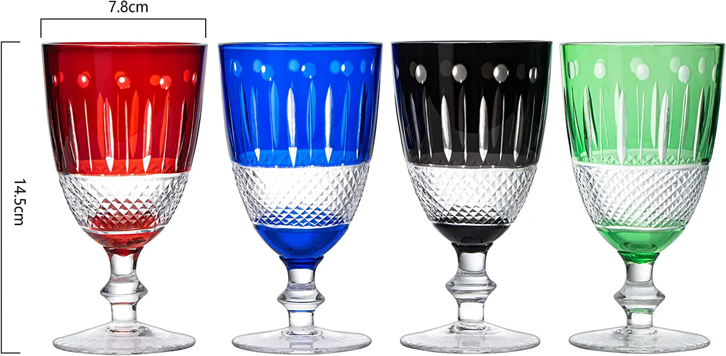 The Wine Savant Crystal Italian Multicolor Design Cups -Set of 4 Short Chalice Glasses 8oz 5.7" H Venetian Italian Style Red, Blue, Green, Black Glasses, Great for Dinner Parties, Bars & Weddings