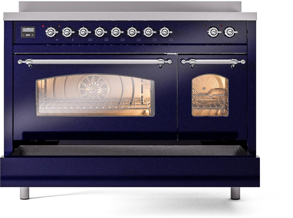 ILVE Nostalgie II 48" Electric Range, Blue, Chrome Trim UPI486NMPMBC