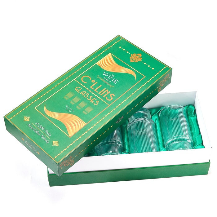 Vintage Art Deco Crystal Highball Ribbed Glass Set of 4 - Ripple, Collins Glassware 14oz Classic Crystal Cocktail Glasses Perfect for Water, Champagne, Beer, Juice, Tom Cocktails - Barware Tumblers