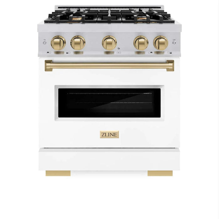 ZLINE 30" Dual Fuel Range, Gas Cooktop, Electric Convection Oven Stainless Steel, White Matte Champagne Bronze CDRZ-WM-30-CB