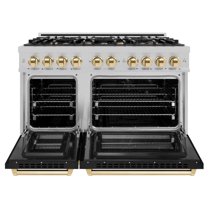 ZLINE 48" Select Dual Fuel Range Gas Cooktop Electric Convection Oven DuraSnow® Stainless Steel Black Matte Door Gold HDRSZ-BLM-48-G