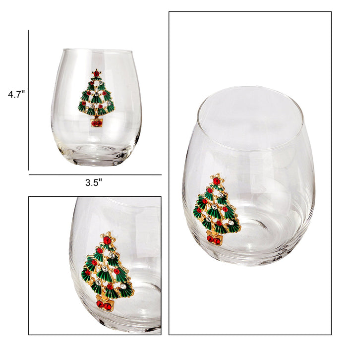 Stemless Christmas Tree Wine Glasses - Set of 2 - Christmas Cheer for Holiday Gift and Winter Season - 18 oz Stemless Decorated Tree Ornament Wine Tumblers for Holiday Season and Winter 4.7" H