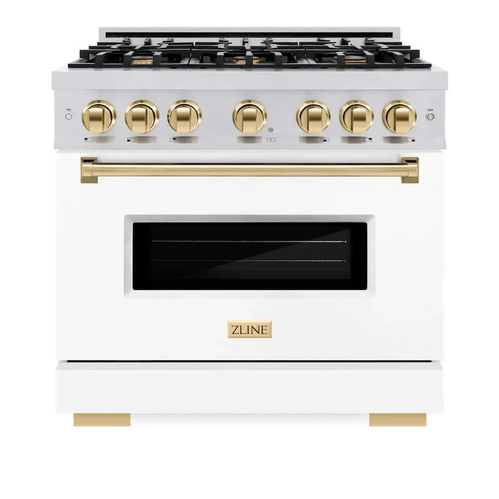 ZLINE 36" Dual Fuel Range, Gas Cooktop, Electric Convection Oven Stainless Steel, Matte White Door Polished Gold CDRZ-WM-36-G