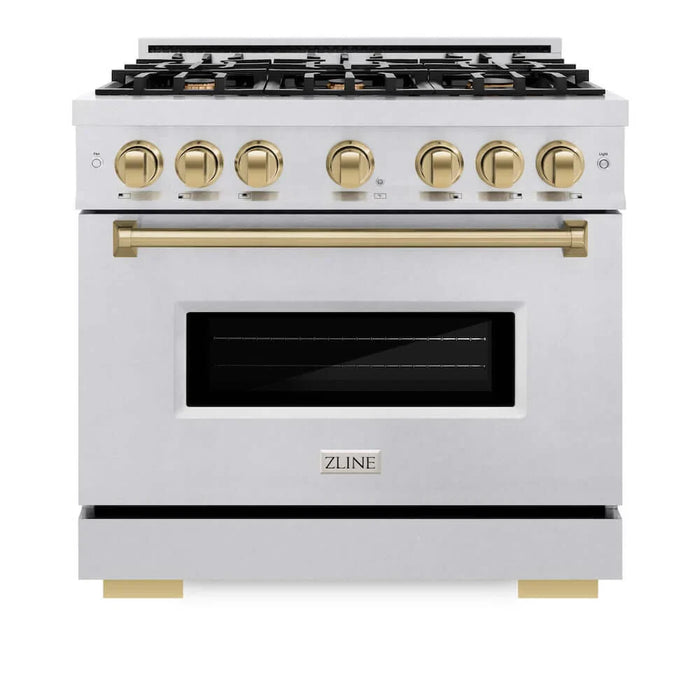 ZLINE 36" Dual Fuel Range, Gas Cooktop, Electric Convection Oven DuraSnow® Stainless Steel, Champagne Bronze CDRSZ-36-CB