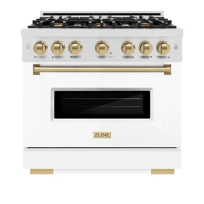 ZLINE 36" Dual Fuel Range, Gas Cooktop, Electric Convection Oven DuraSnow® Stainless Steel, White Matte Door Champagne Bronze CDRSZ-WM-36-CB