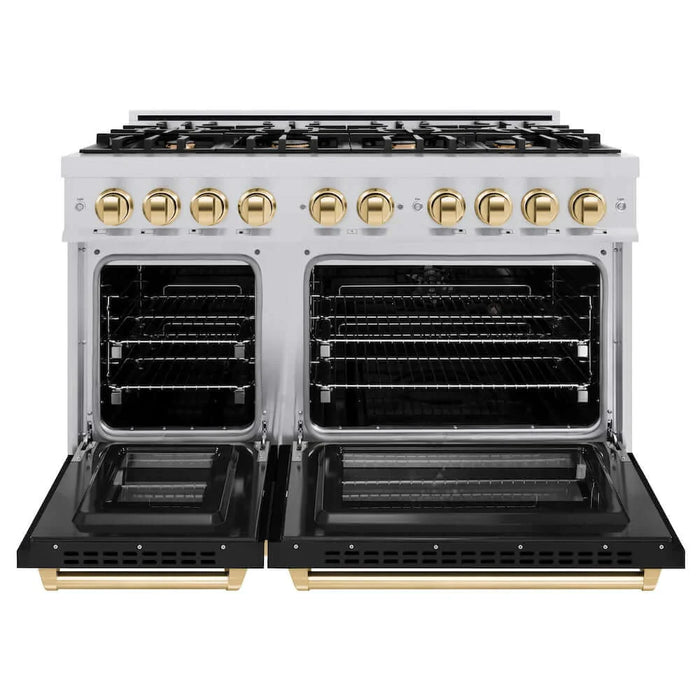 ZLINE 48" Select Gas Range Convection Gas Oven Stainless Steel Black Matte Doors Gold HGRZ-BLM-48-G