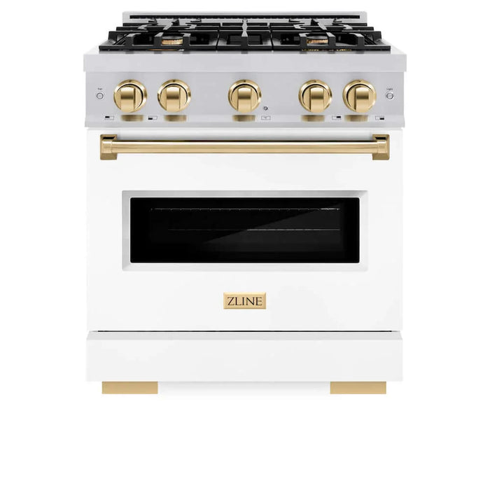 ZLINE 30"Classic Gas Range, Convection Gas Oven, DuraSnow® Stainless Steel, White Matte Door Polished Gold CGRSZ-WM-30-G
