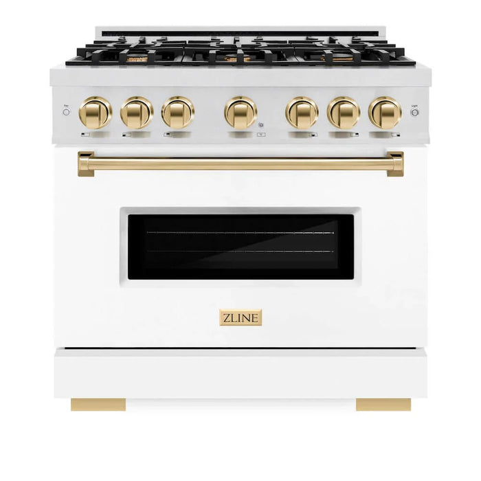 ZLINE 36"Classic Gas Range, Convection Gas Oven, DuraSnow® Stainless Steel, White Matte Door Polished Gold CGRSZ-WM-36-G