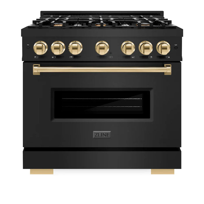 ZLINE 36" Dual Fuel Range, Gas Cooktop, Electric Convection Oven Black Stainless Steel, Gold CDRBZ-36-G