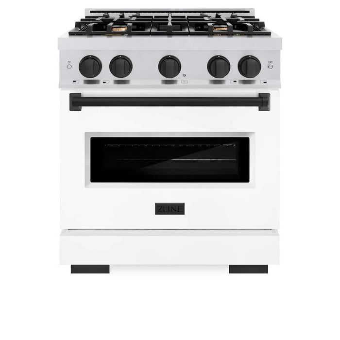 ZLINE 30" Dual Fuel Range, Gas Cooktop, Electric Convection Oven DuraSnow® Stainless Steel, White Matte Door, Matte Black CDRSZ-WM-30-MB