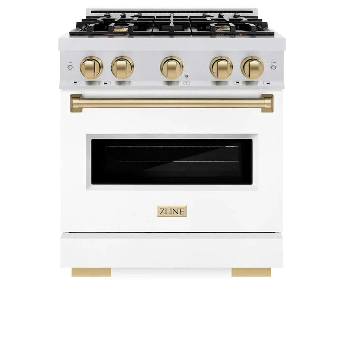 ZLINE 30" Dual Fuel Range, Gas Cooktop, Electric Convection Oven DuraSnow® Stainless Steel, White Matte Door, Champagne Bronze CDRSZ-WM-30-CB