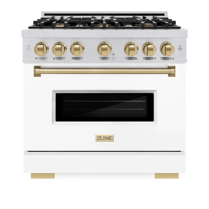 ZLINE 36" Dual Fuel Range, Gas Cooktop, Electric Convection Oven Stainless Steel, Matte White Door Champagne Bronze CDRZ-WM-36-CB