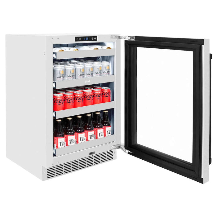 ZLINE 24" Touchstone 151 Can Beverage Fridge DuraSnow® Stainless Steel Glass Door Matte Black Handle RBSOZ-SN-24-MB