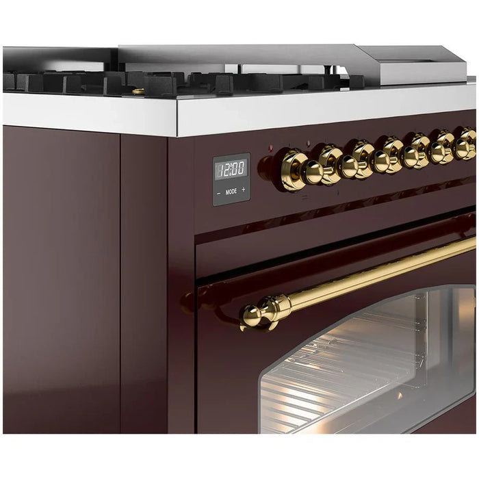 ILVE Nostalgie II 48"  Dual Fuel Natural Gas Range Burgundy Brass Trim UP48FSNMPBUG