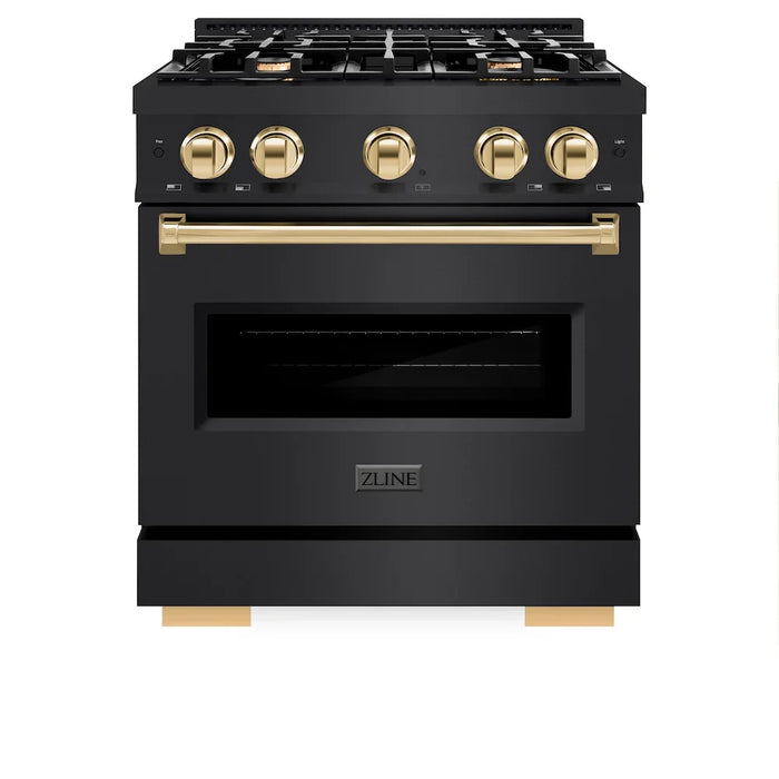 ZLINE 30" Dual Fuel Range, Gas Cooktop, Electric Convection Oven Black Stainless Steel, Gold CDRBZ-30-G